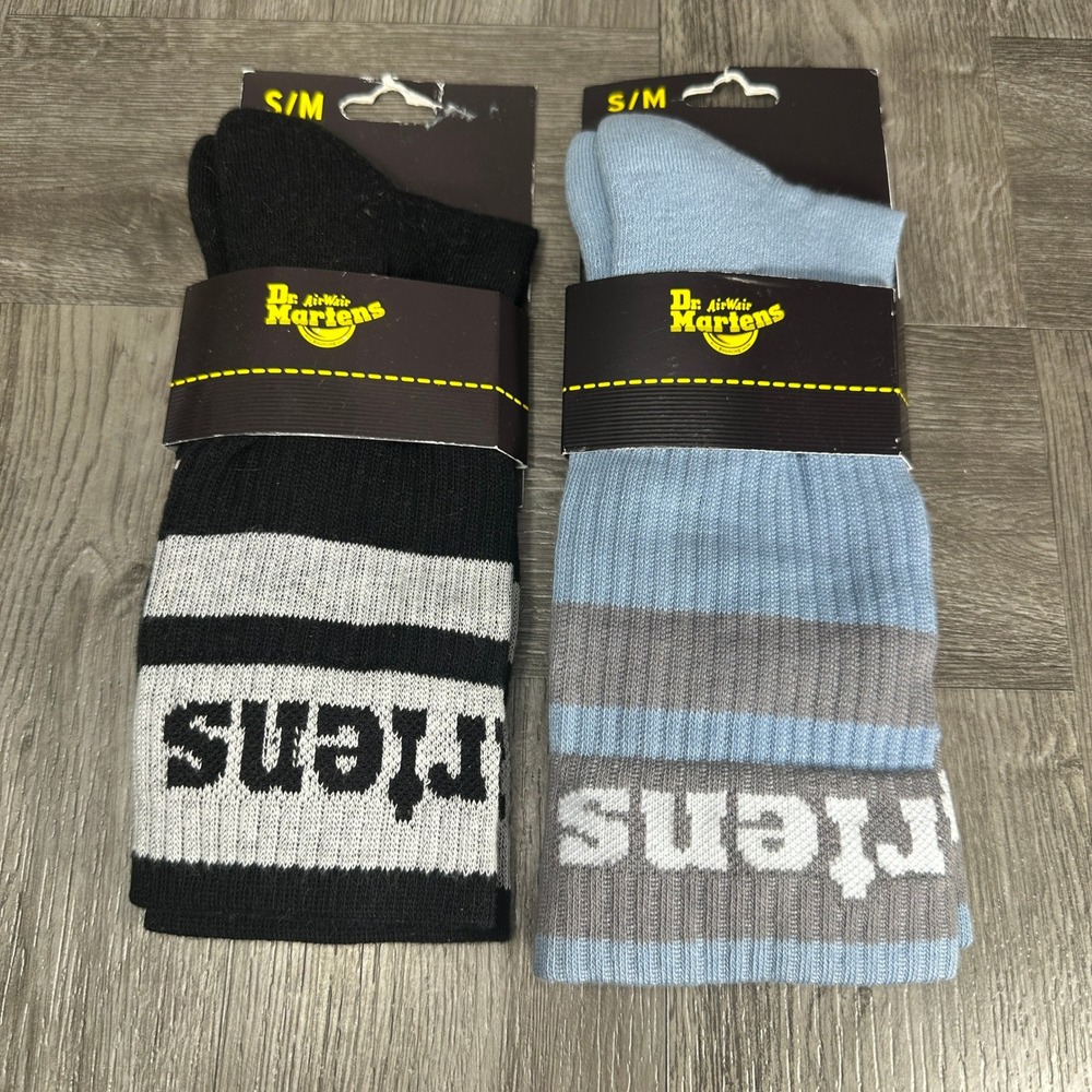 Dr Martens Crew Socks S/M Black Blue Gray Logo Stripe 2 Pairs NEW